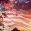 USA army soldier overlay on dramatic sunset sky and waving American flag. He salutes the flag.
