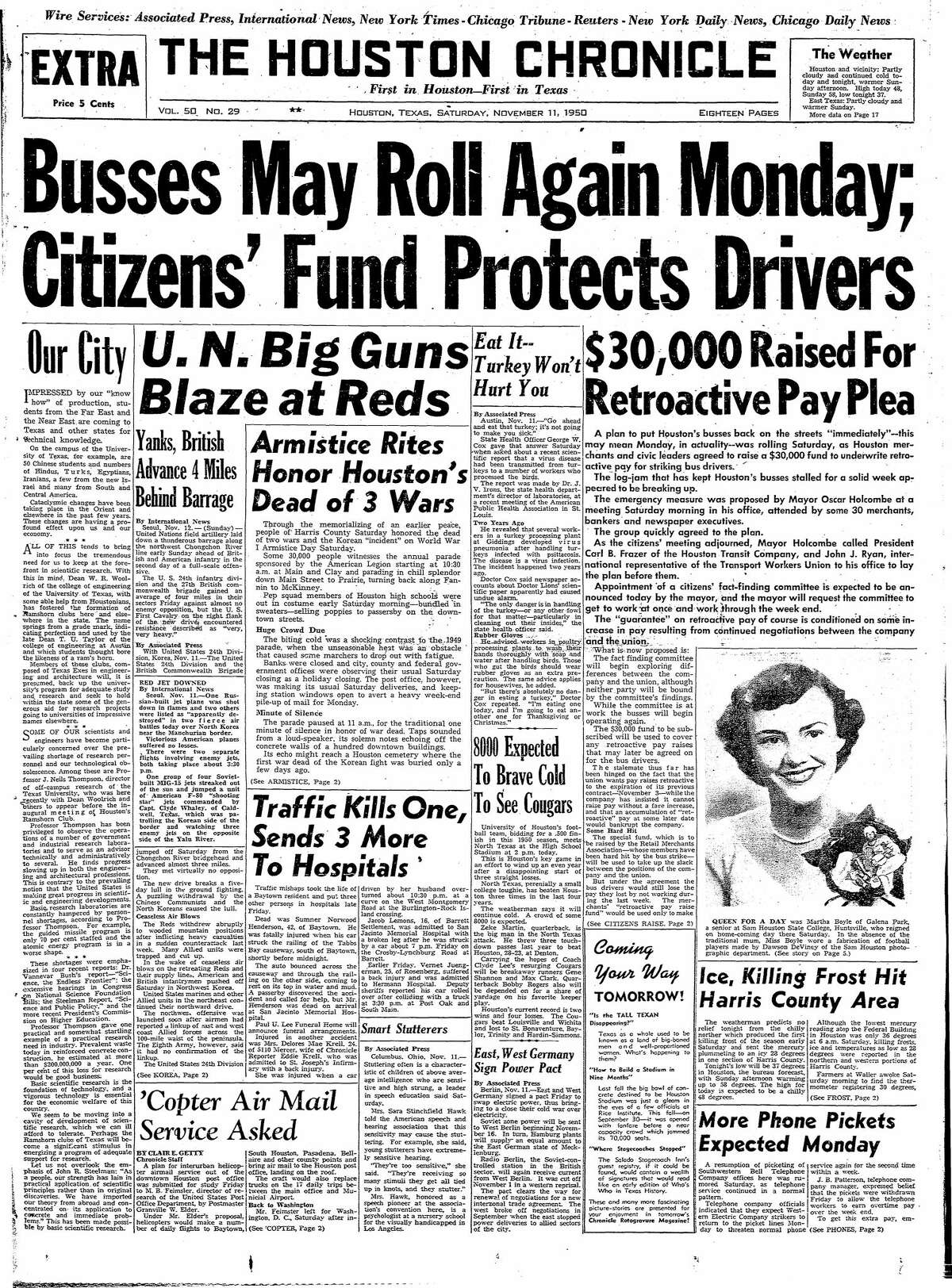 Houston Chronicle front page for Nov. 11, 1950.