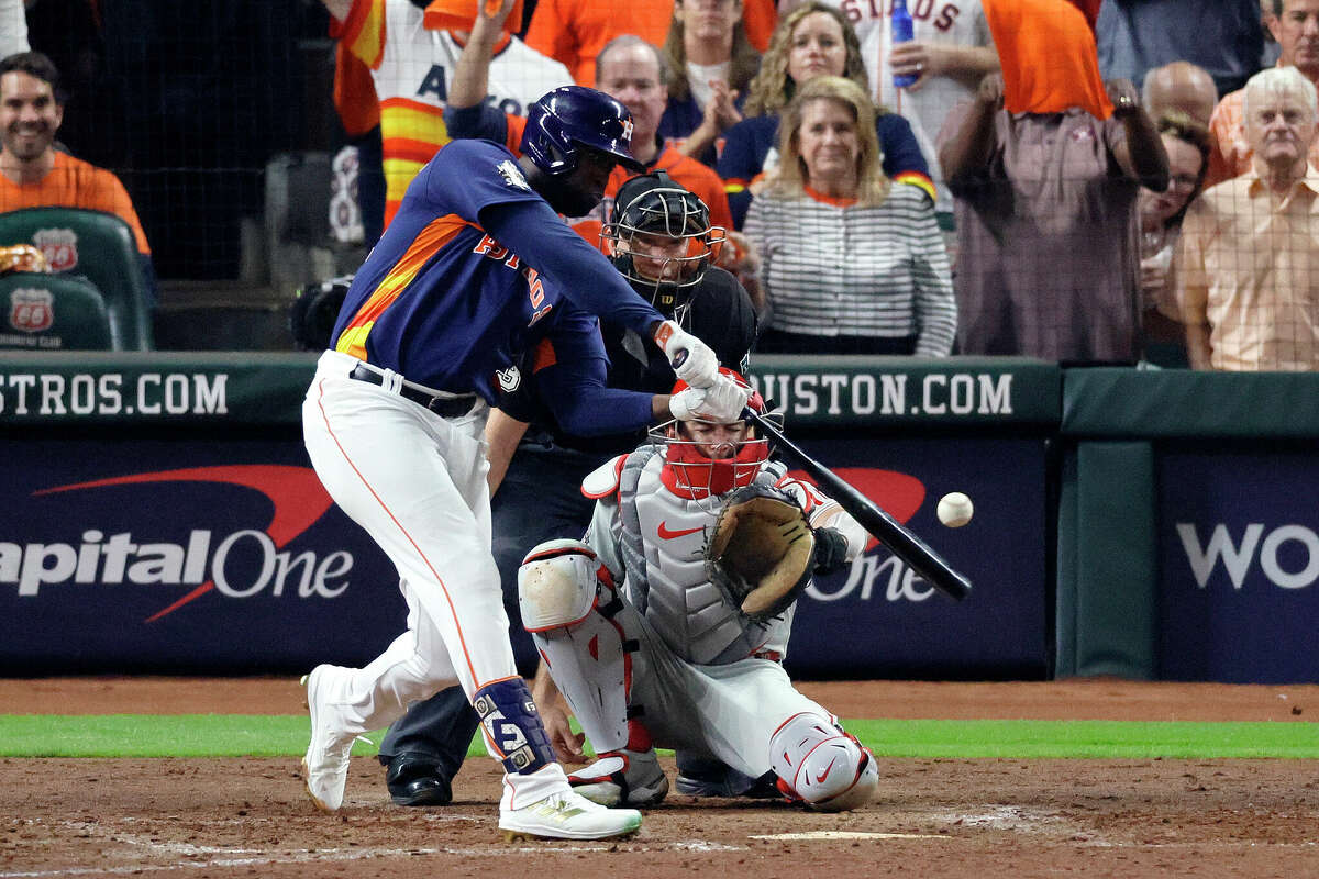 Yordan Alvarez #44 of the Houston Astros hits a three-run home run against the Philadelphia Phillies during the sixth inning in Game Six of the 2022 World Series at Minute Maid Park on November 05, 2022 in Houston.