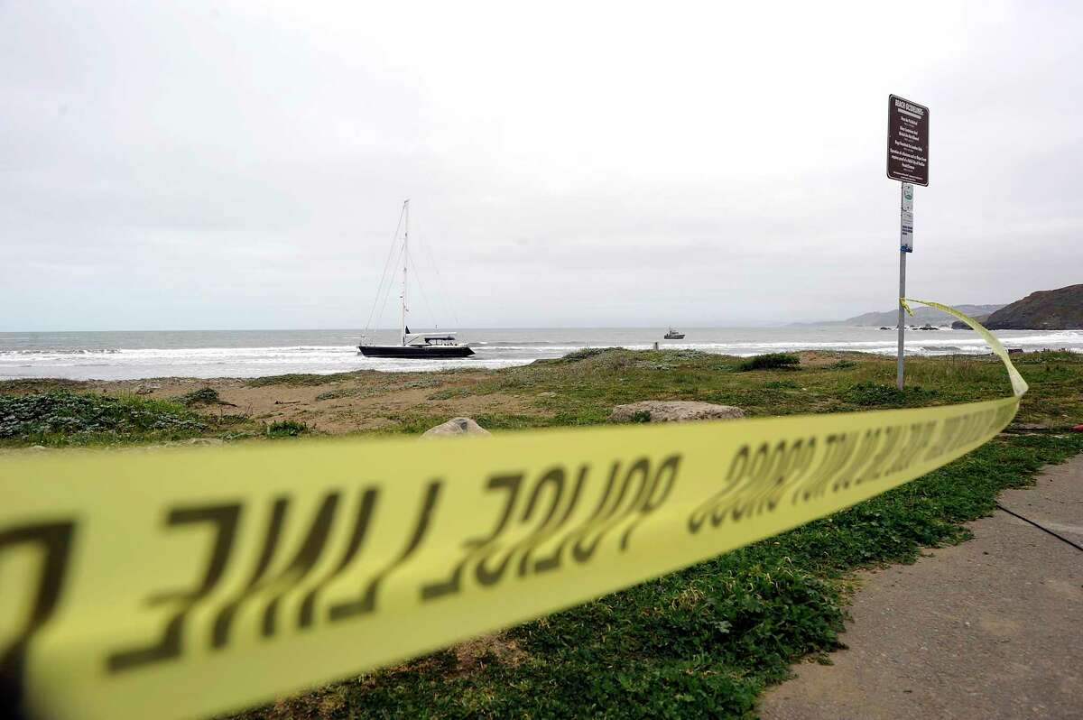 A sailboat run aground at Linda Mar Beach in Pacifica, Calif.