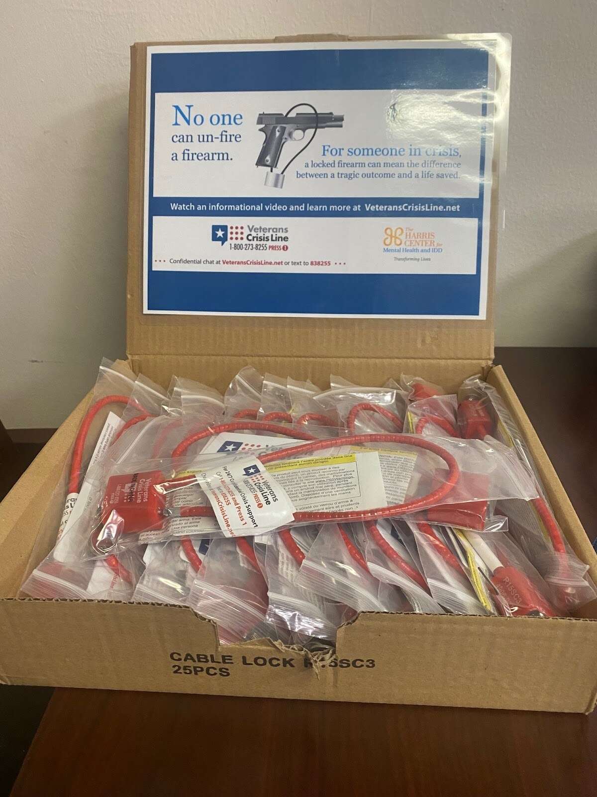 The Harris Center gives away approximately 500 gun locks to the veteran community and their families every six months.