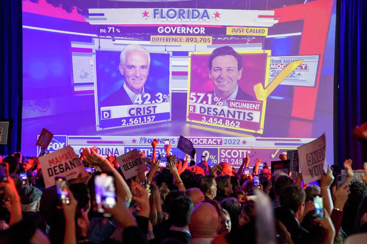 Supporters cheer as Fox News declares Florida Gov. Ron DeSantis the winner against Charlie Crist during the DeSantis election night party at the Tampa Convention Center on Tuesday, Nov. 8, 2022 in Tampa, Florida. (Luis Santana/Tampa Bay Times/TNS)