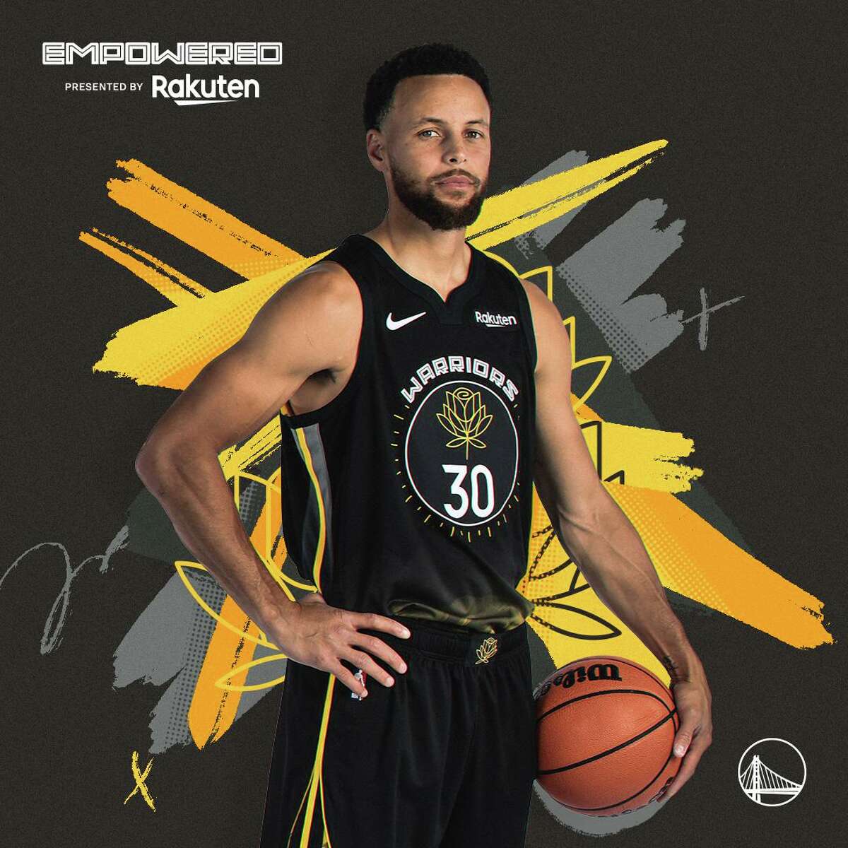 Stephen Curry models the Golden State Warriors’ new City edition uniform for this season. The look, featuring a yellow- gold rose inside the middle logo, was designed by Bay Area artist Allison Hueman.