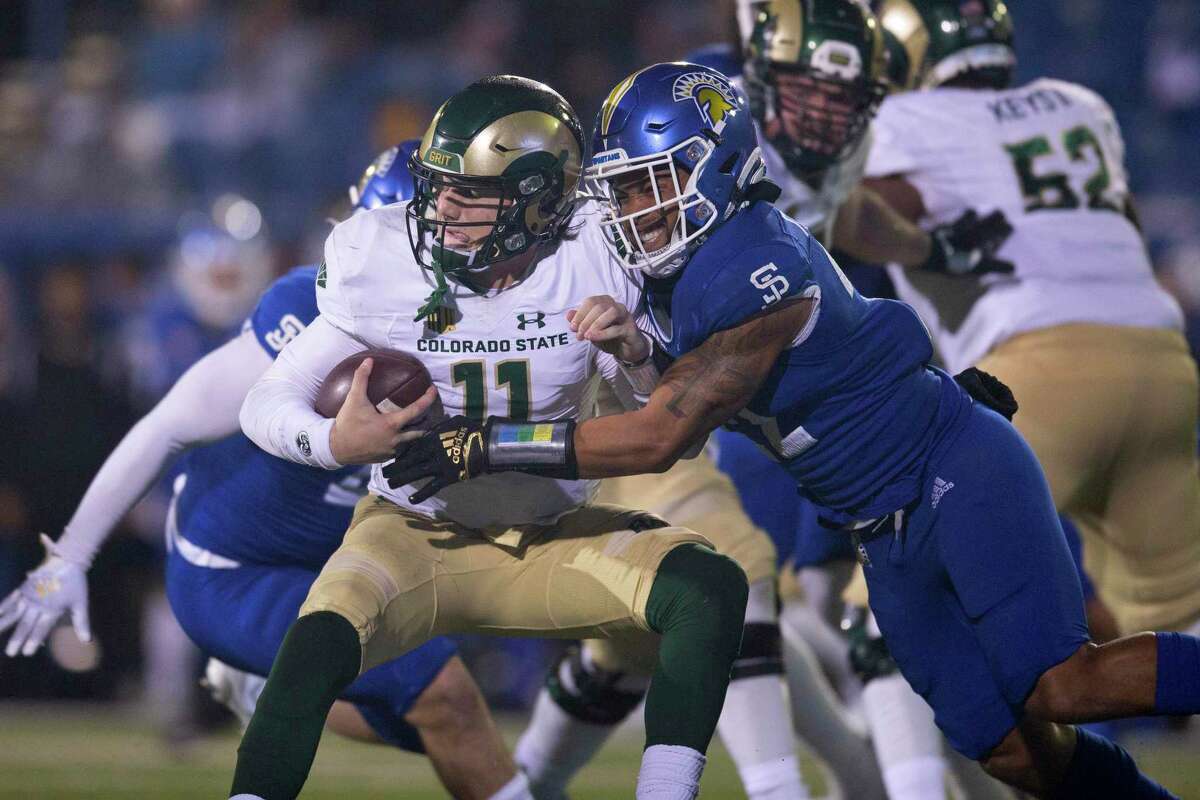 San Jose State safety Tre Jenkins (22) sacks Colorado State quarterback Clay Millen (11) during the fourth quarter of an NCAA college football game, Saturday, Nov. 5, 2022, in San Jose, Calif. (AP Photo/D. Ross Cameron)