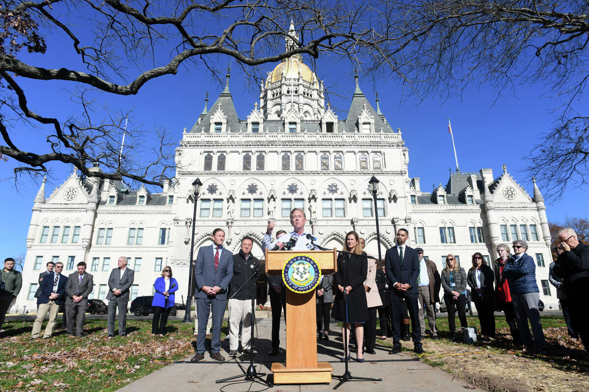 Gov. Ned Lamont speaks during a news conference in front of the State Capitol, in Hartford, Conn. Nov. 9, 2022. Lamont joined other state Democrats to speak about the results of Tuesdayâs elections.