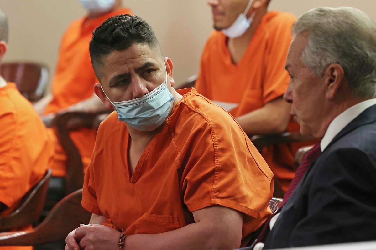 Lorenzo Caltzontzi-Jimenez speaks with his attorney, Eduardo Garcia, before a hearing in Bexar County court. On Sept. 19, 2021, Caltzontzi-Jimenez was driving while drunk when he crashed a three-ton Lincoln Navigator into a motorcycle driven by Joe Angel Garcia. Garcia suffered severe brain, spinal and other injuries. Caltzontzi-Jimenez escaped with bruises on his forearms. He pleaded guilty to intoxication assault and was sentenced to five years in prison.