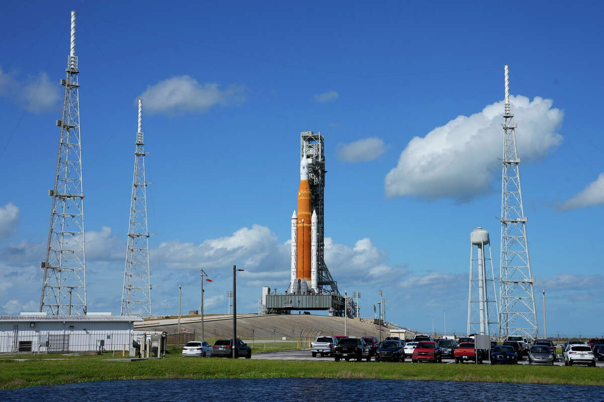 NASA's  Space Launch System rocket with the Orion spacecraft aboard is seen on Launch Pad 39-B Friday, Nov. 11, 2022, in Cape Canaveral, Fla.