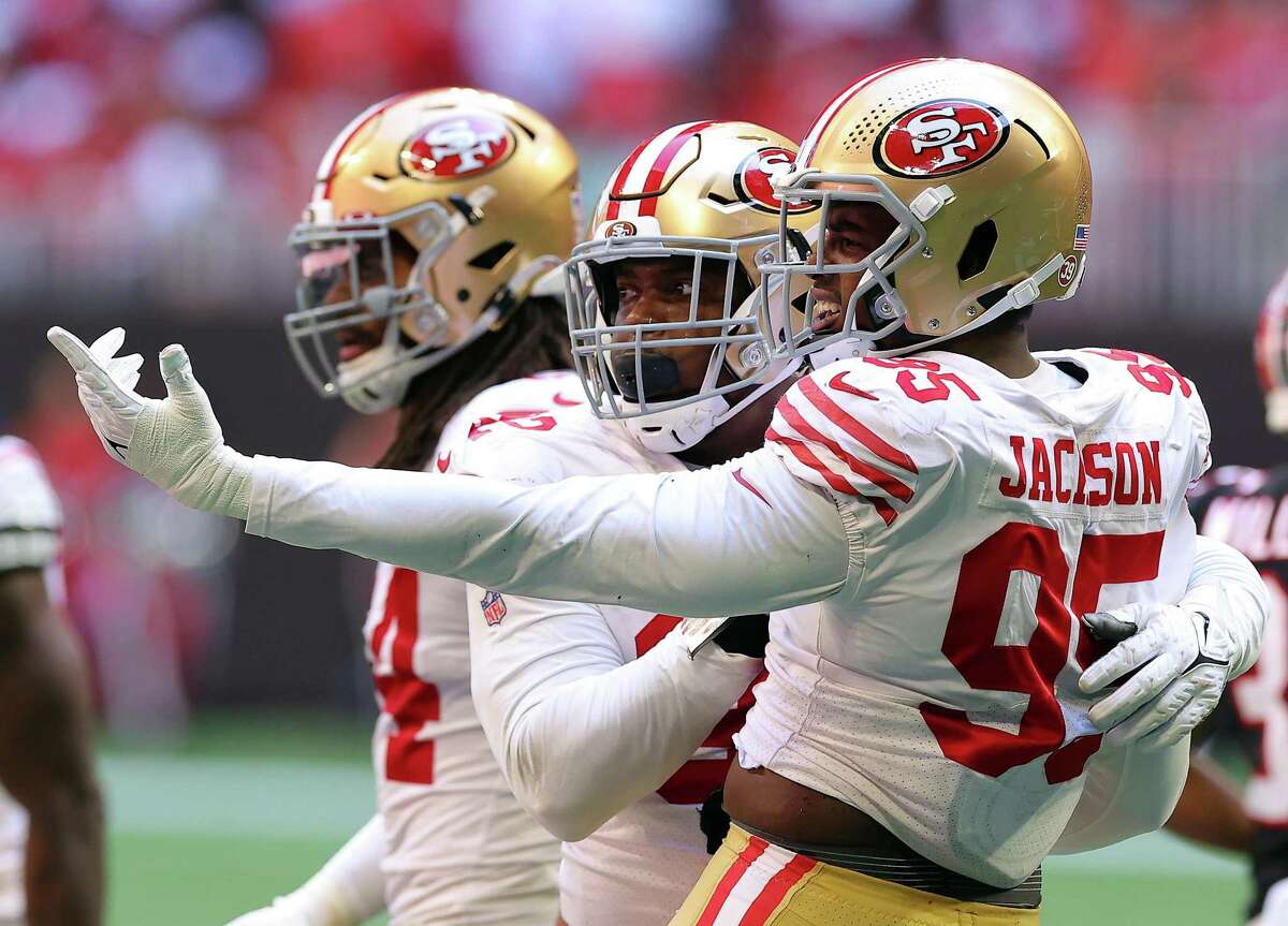 San Francisco 49ers defensive end Samson Ebukam (56) reacts after