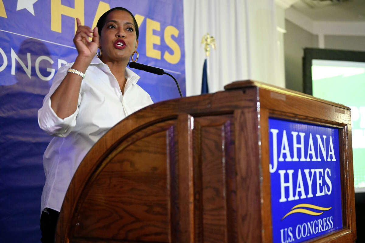 United States Rep. Jahana Hayes, D-Conn., speaks to supporters at her election night event in Waterbury, Conn., Tuesday, Nov. 8, 2022. Hayes is running for reelection in Connecticut's fifth congressional district against Republican House candidate George Logan. (AP Photo/Jessica Hill)