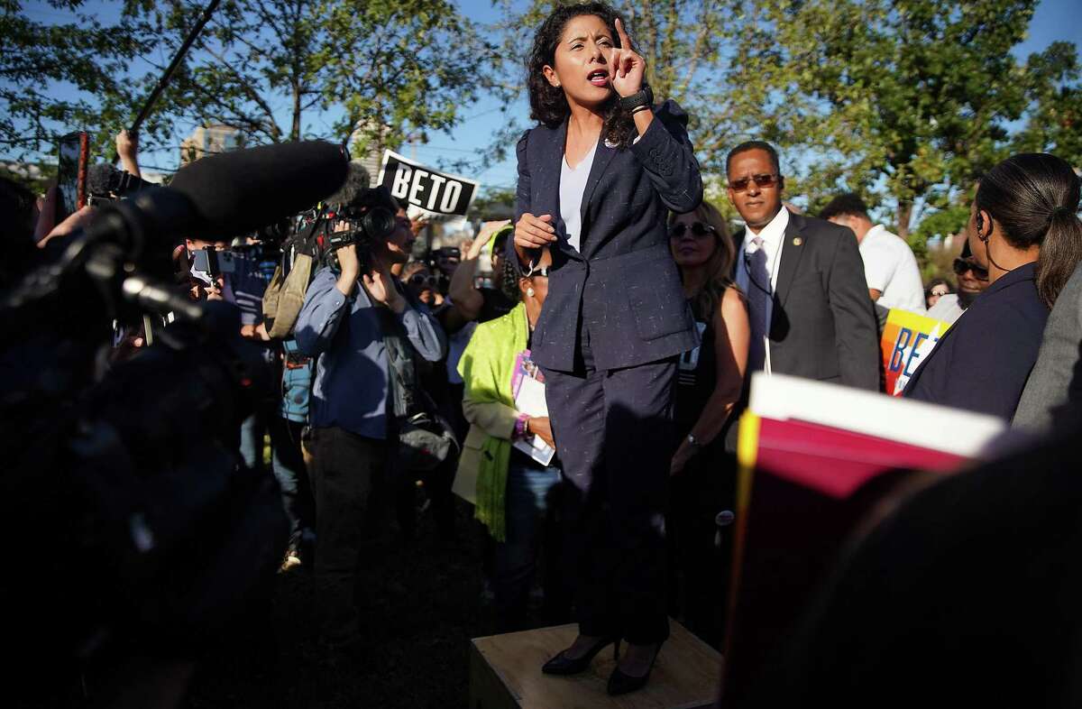 Harris County Judge Lina Hidalgo speaks during a rally outside of the West Gray Recreational Area with Beto O’Rourke and other Democratic candidates on the ballot on Tuesday, Nov. 8, 2022 in Houston.