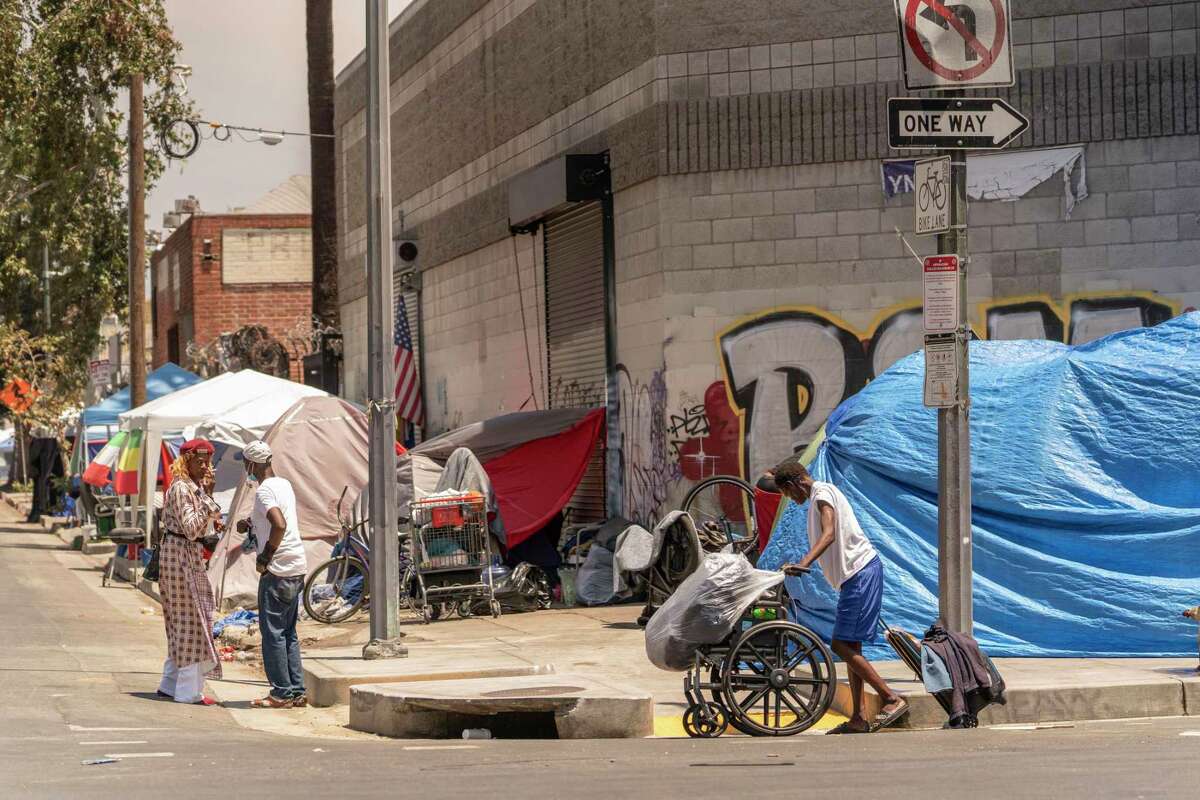 Tents line the streets of the Skid Row area of downtown Los Angeles.