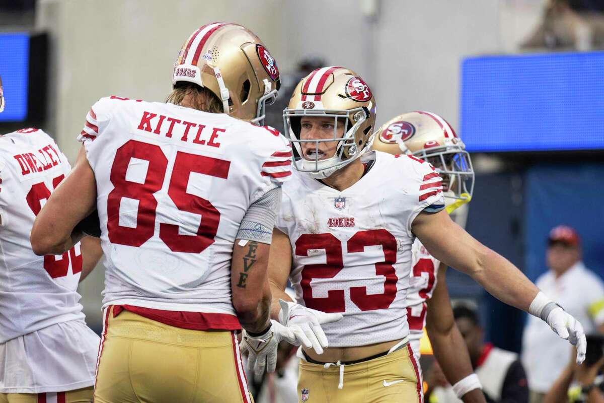 George Kittle, Christian McCaffrey (23) and the 49ers will face the Chargers at 5:20 p.m. Sunday. ( Channel 11Channel 3Channel 8)