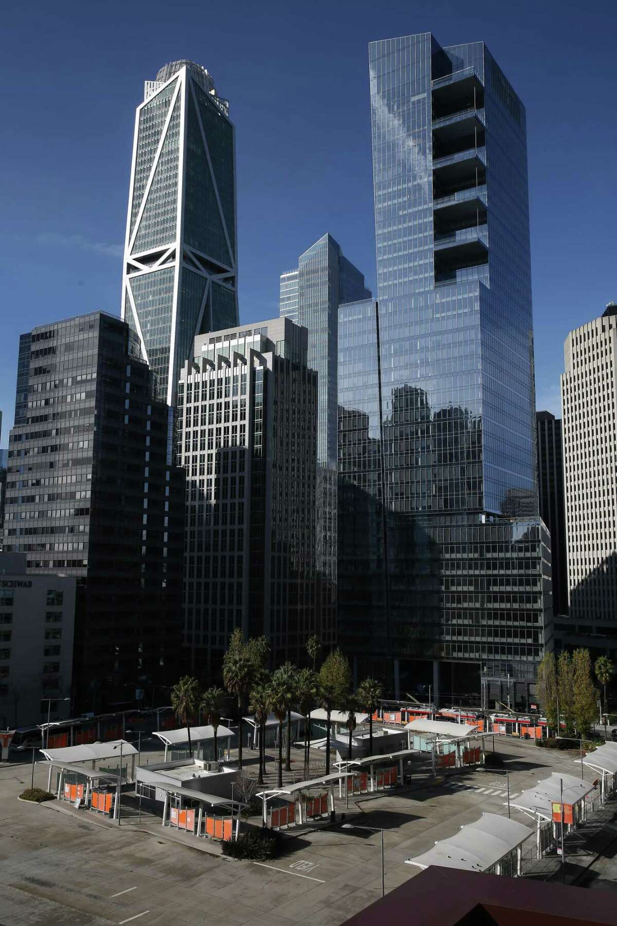 Meta is laying off around 362 employees in Park Tower (tall building on right) in San Francisco, seen in 2020. The company also leases the office space at 181 Fremont (tall building on left).