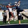 Yale's Chase Nenad catches a touchdown pass against Princeton on Saturday, Nov. 12, 2022 at the Yale Bowl.