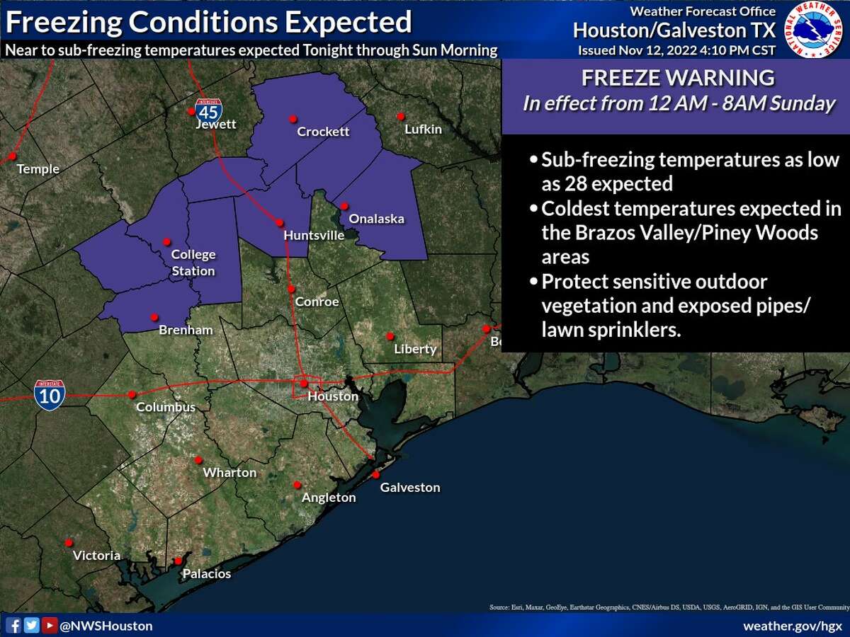 The National Weather Service has issued a freeze warning for parts of Brazos Valley and Piney Woods, including College Station and Huntsville. 