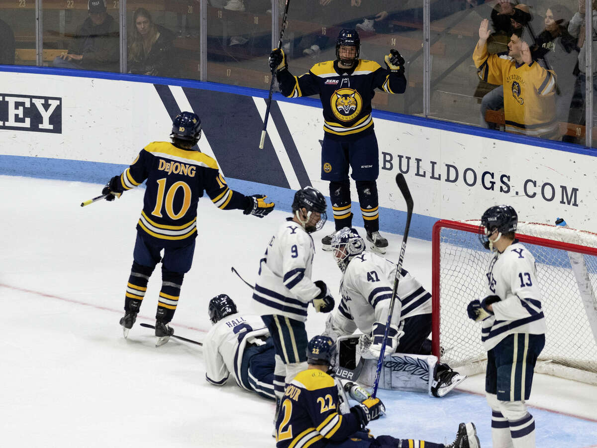 Quinnipiac University right wing Collin Graff completed his hat trick at 19:40 of the third period in a 4-0 victory over Yale at Ignalls Rink. Steve Musco/Yale Athletics