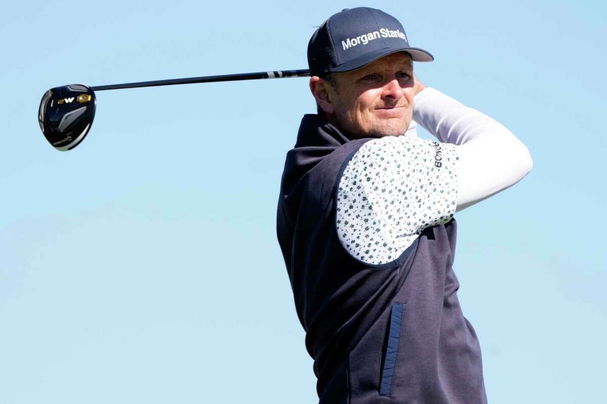 Justin Rose tees off on the fourth hole during the final round of the Houston Open golf tournament, Sunday, Nov. 13, 2022, in Houston.