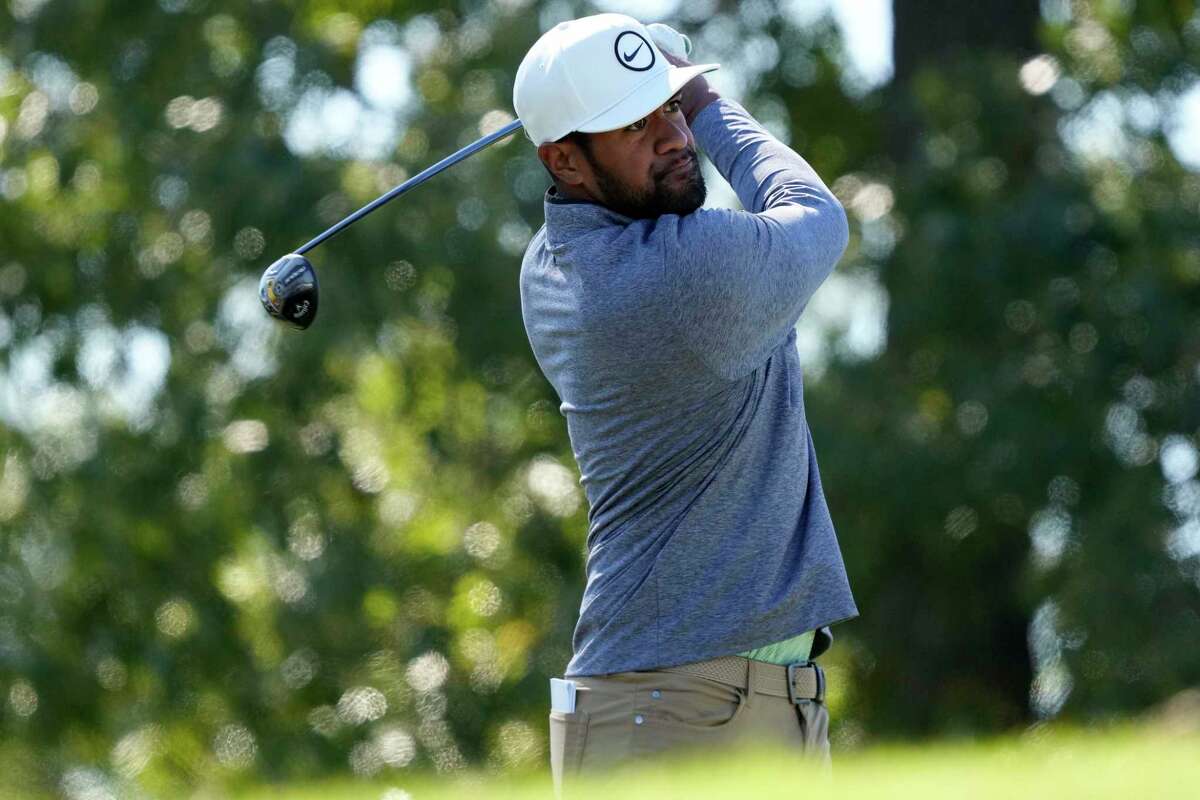Tony Finau tees off not the fifth hole during the final round of the Houston Open golf tournament, Sunday, Nov. 13, 2022, in Houston.