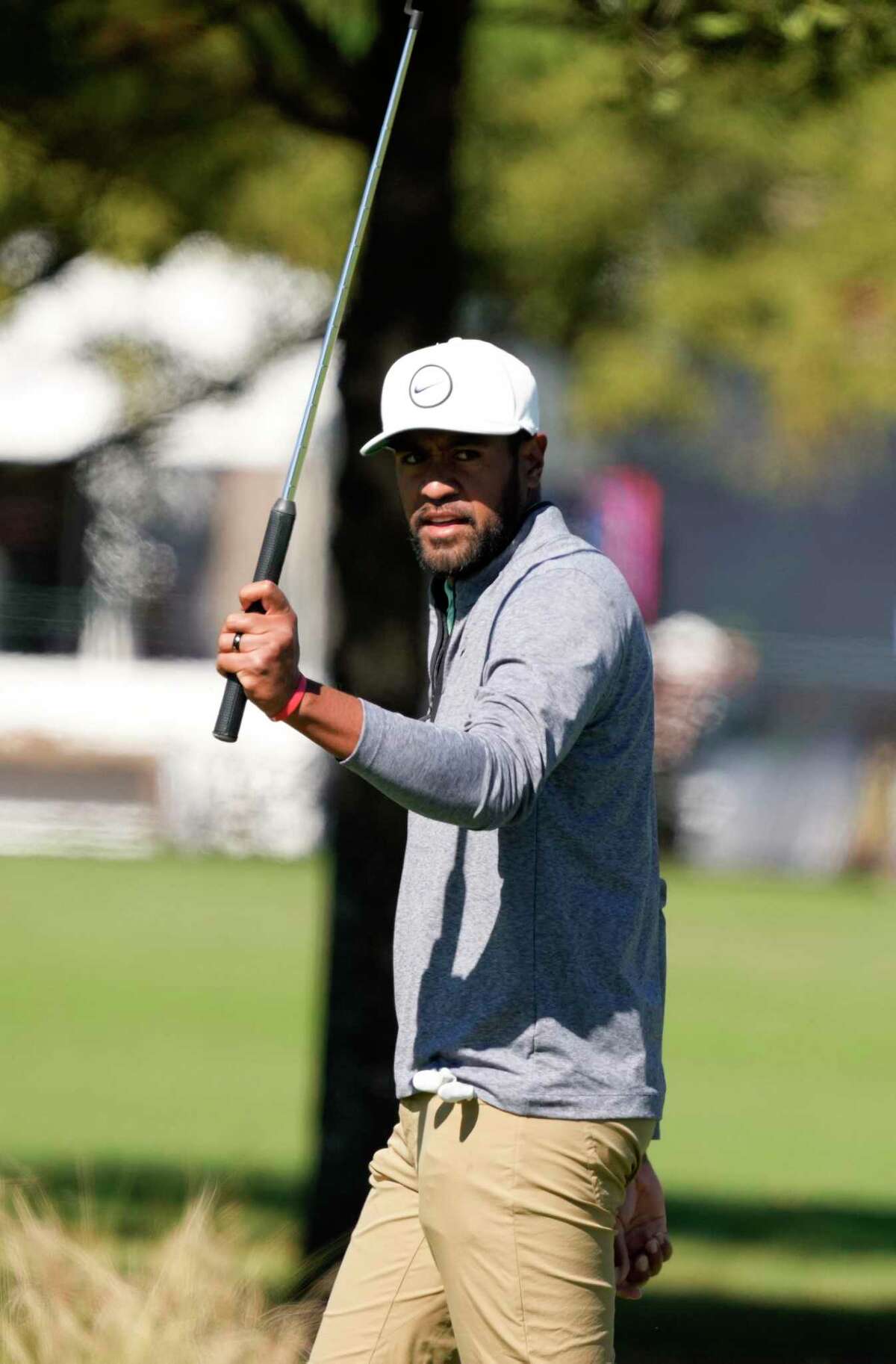 Tony Finau reacts after making birdie on the eighth hole during the final round of the Houston Open golf tournament, Sunday, Nov. 13, 2022, in Houston.