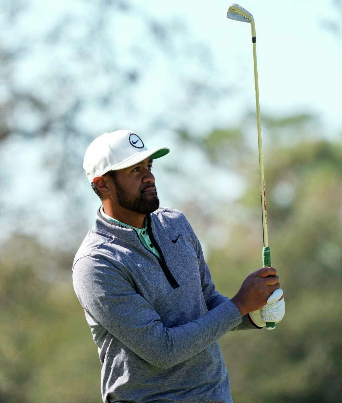 Tony Finau watches his third shot on the eighth hole during the final round of the Houston Open golf tournament, Sunday, Nov. 13, 2022, in Houston.