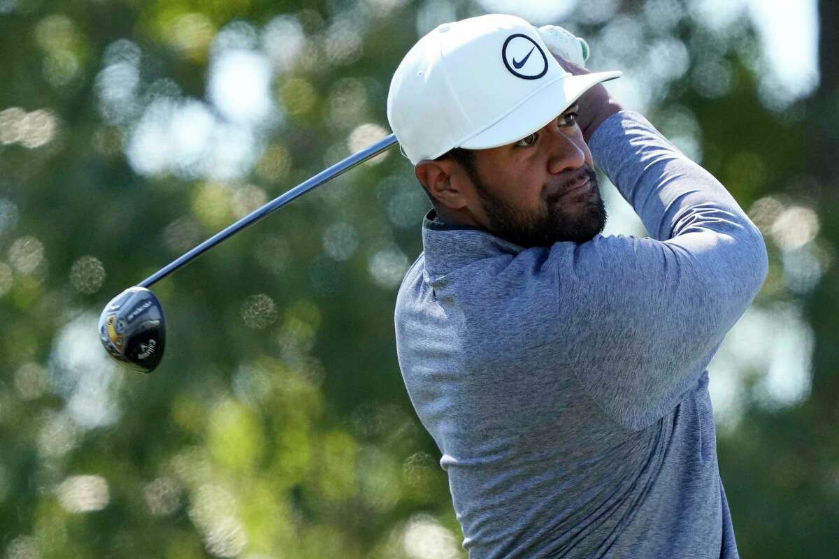 Tony Finau tees off on the fifth hole during the final round of the Houston Open golf tournament, Sunday, Nov. 13, 2022, in Houston.
