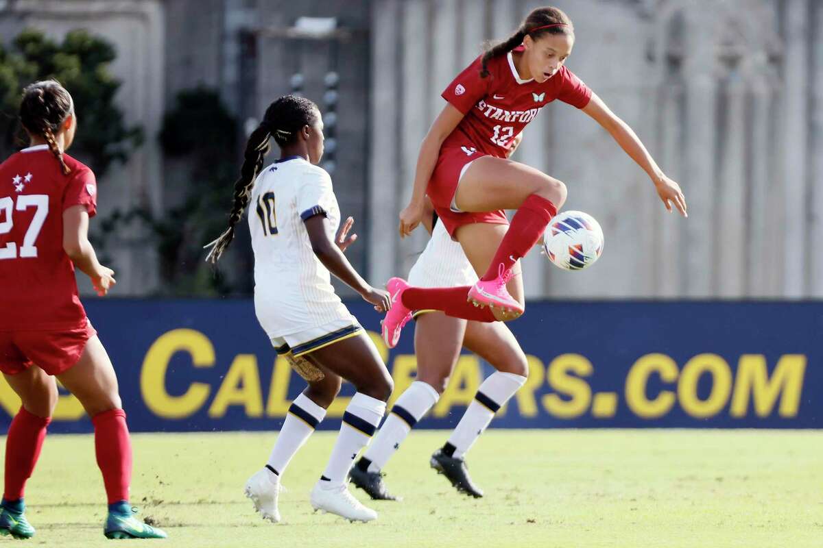 Stanford’s Jasmine Aikey, here playing against Cal on Nov. 4, scored four times in the Cardinal’s 6-0 first-round defeat of San Jose State.