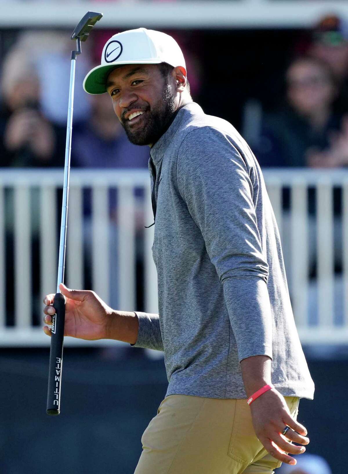 Tyler Duncan reacts after missing his birdie putt on the 18th hole during the final round of the Houston Open golf tournament, Sunday, Nov. 13, 2022, in Houston.