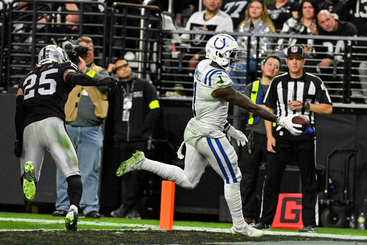 Colts wide receiver Parris Campbell runs in for the go-ahead touchdown against the Raiders in the fourth quarter in Las Vegas.
