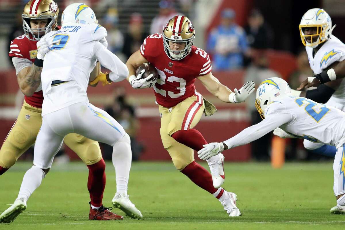 San Francisco 49ers’ Christian McCaffrey rushes in 2nd quarter against Los Angeles Chargers during NFL game at Levi’s Stadium in Santa Clara, Calif., on Sunday, November 13, 2022.