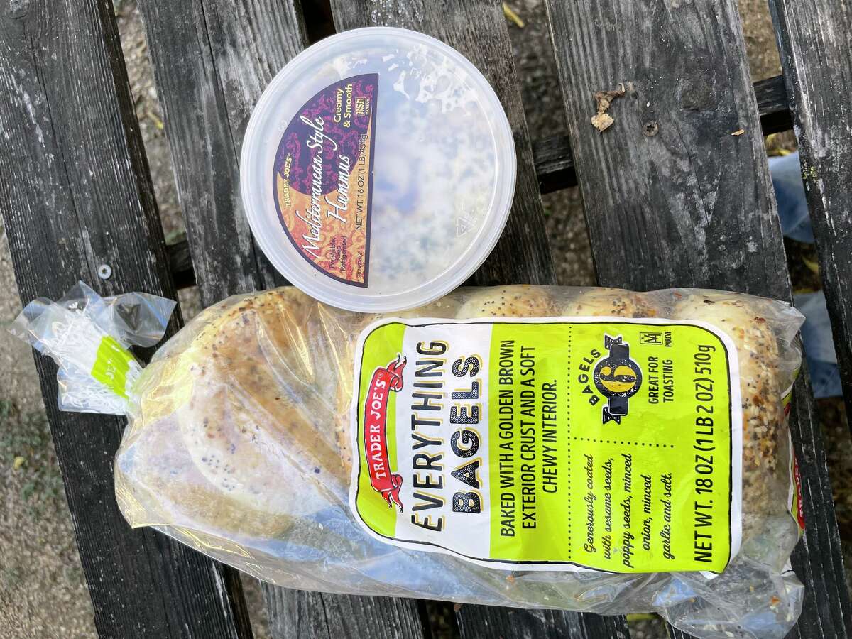 The Everything Bagels at Trader Joe's are soft, and when you toast them your kitchen will smell like freshly baked bread. Add the smooth and creamy Mediterranean style hummus (top) to add to the experience.