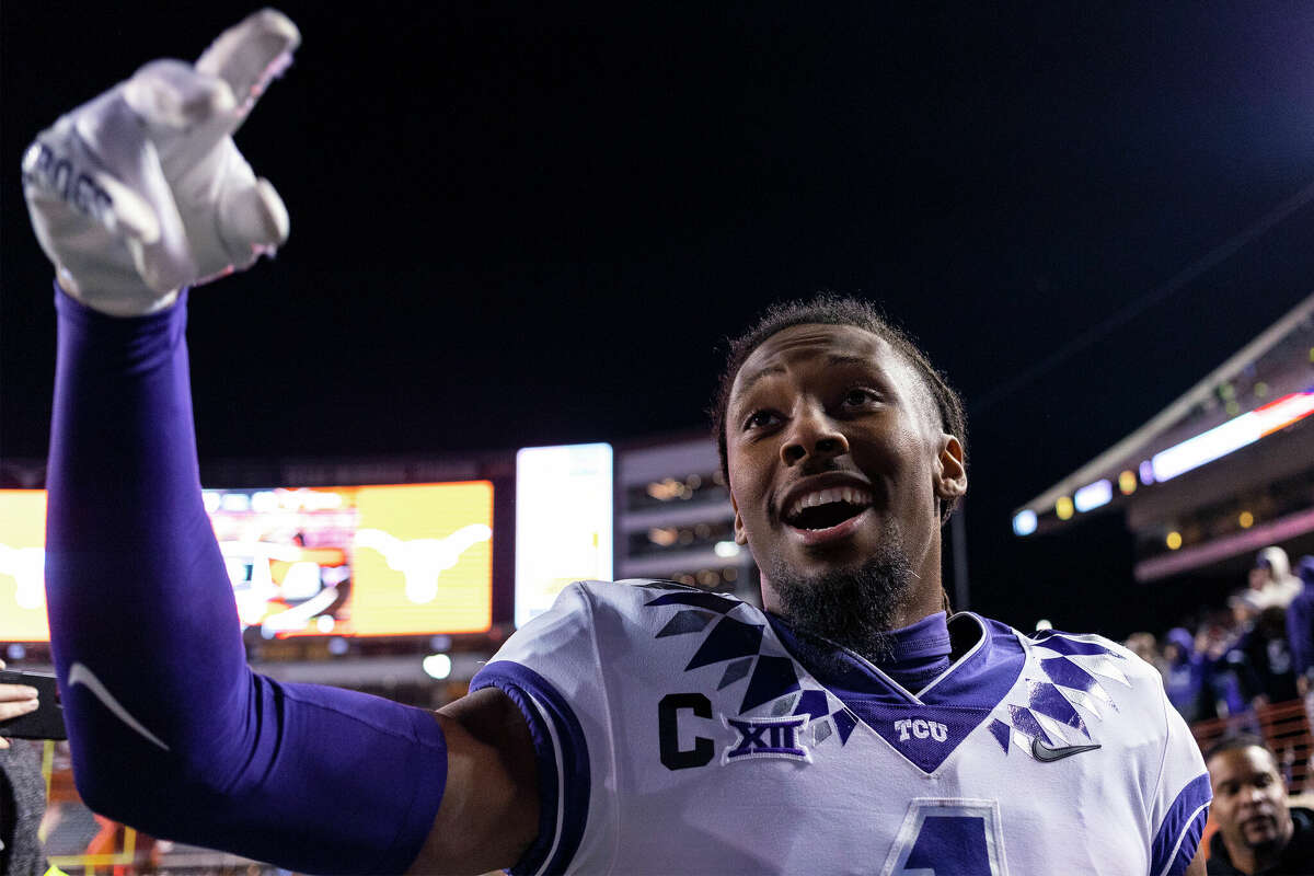TCU wide receiver Quentin Johnston celebrates the team's win over Texas in an NCAA college football game Saturday, Nov. 12, 2022, in Austin, Texas. 
