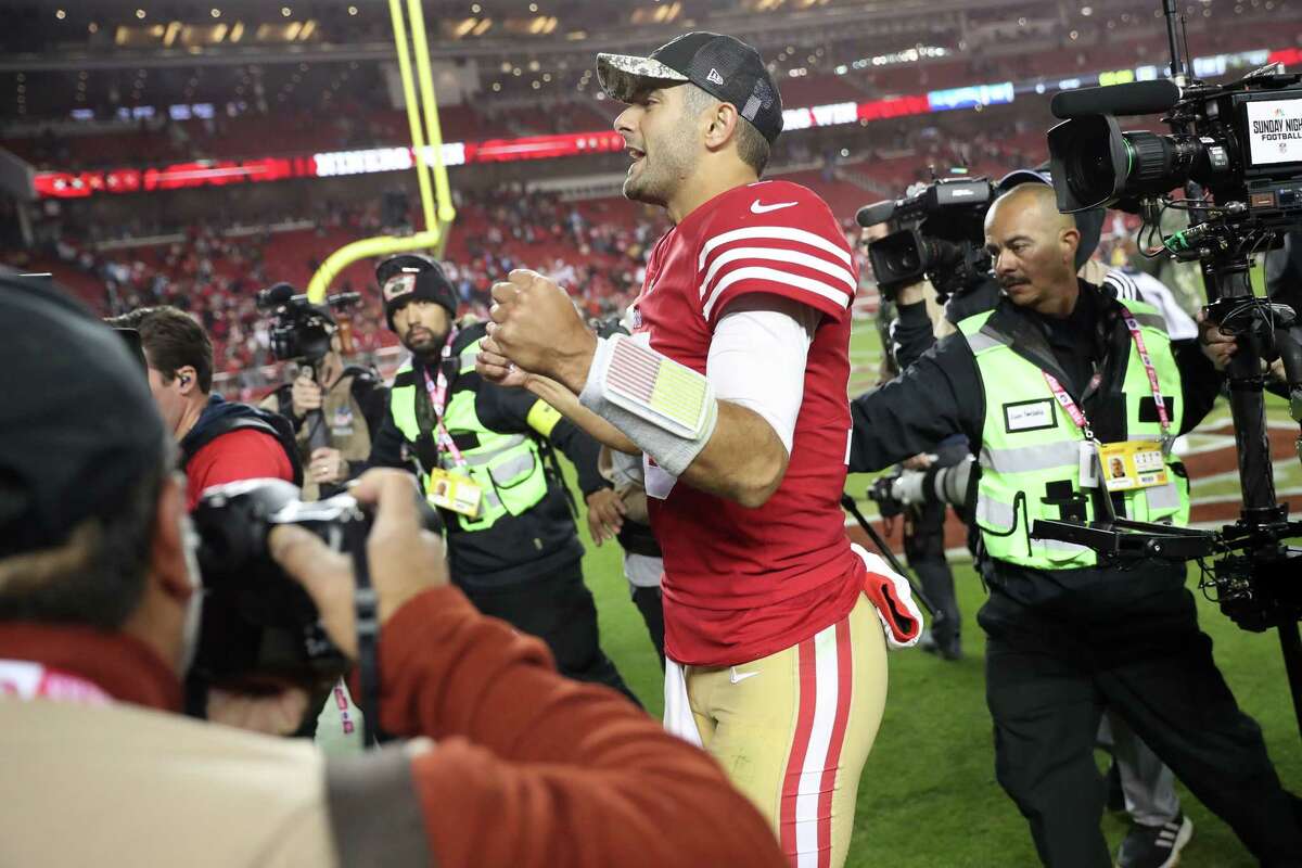 San Francisco 49ers’ Jimmy Garoppolo leave the field after Niners’ 22-16 win over Los Angeles Chargers in NFL game at Levi’s Stadium in Santa Clara, Calif., on Sunday, November 13, 2022.