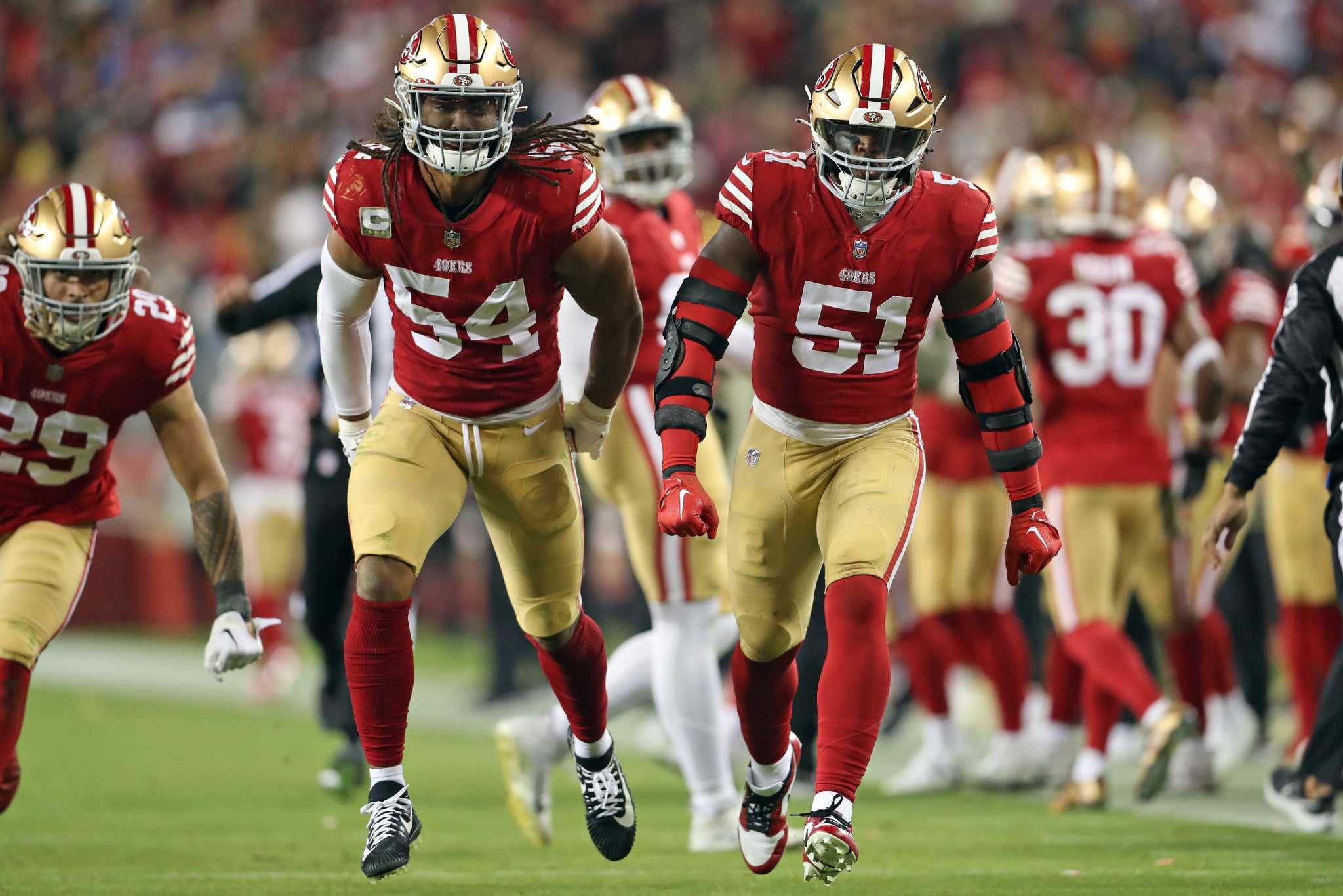 San Francisco 49ers linebacker Azeez Al-Shaair looks on prior to