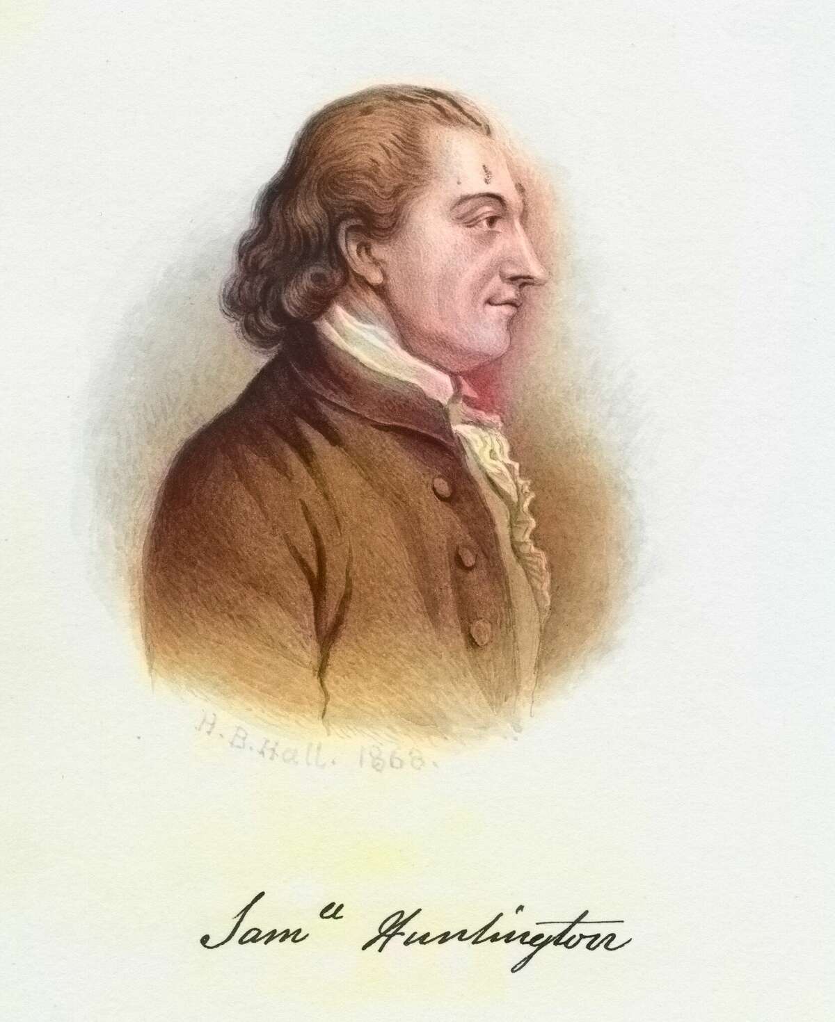 Engraved portrait of Samuel Huntington, signer of the Declaration of Independence and Articles of Confederation who served as the 7th President of the Continental Congress, 1868. From the New York Public Library. Note: Image has been digitally colorized using a modern process. Colors may not be period-accurate. (Photo via Smith Collection/Gado/Getty Images).