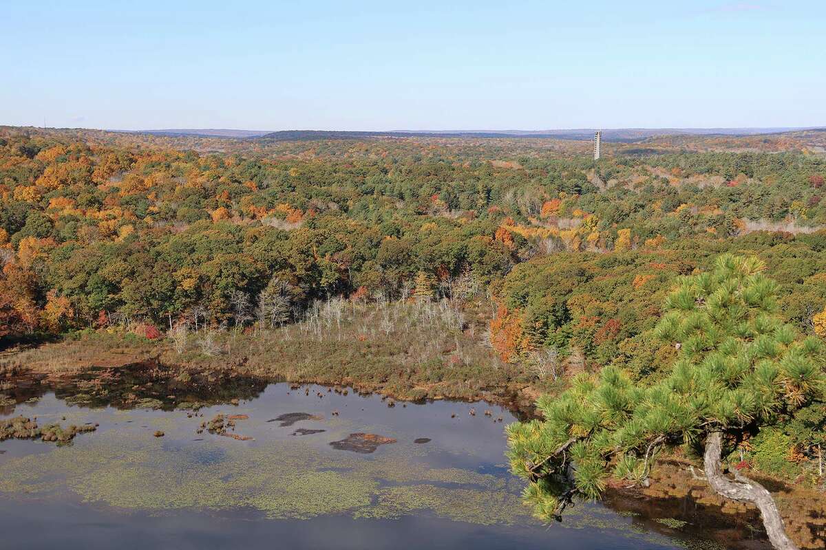 A view from the top of Lantern Hill.  The spire of the Mashantucket Pequot Museum and Research Center can be seen.