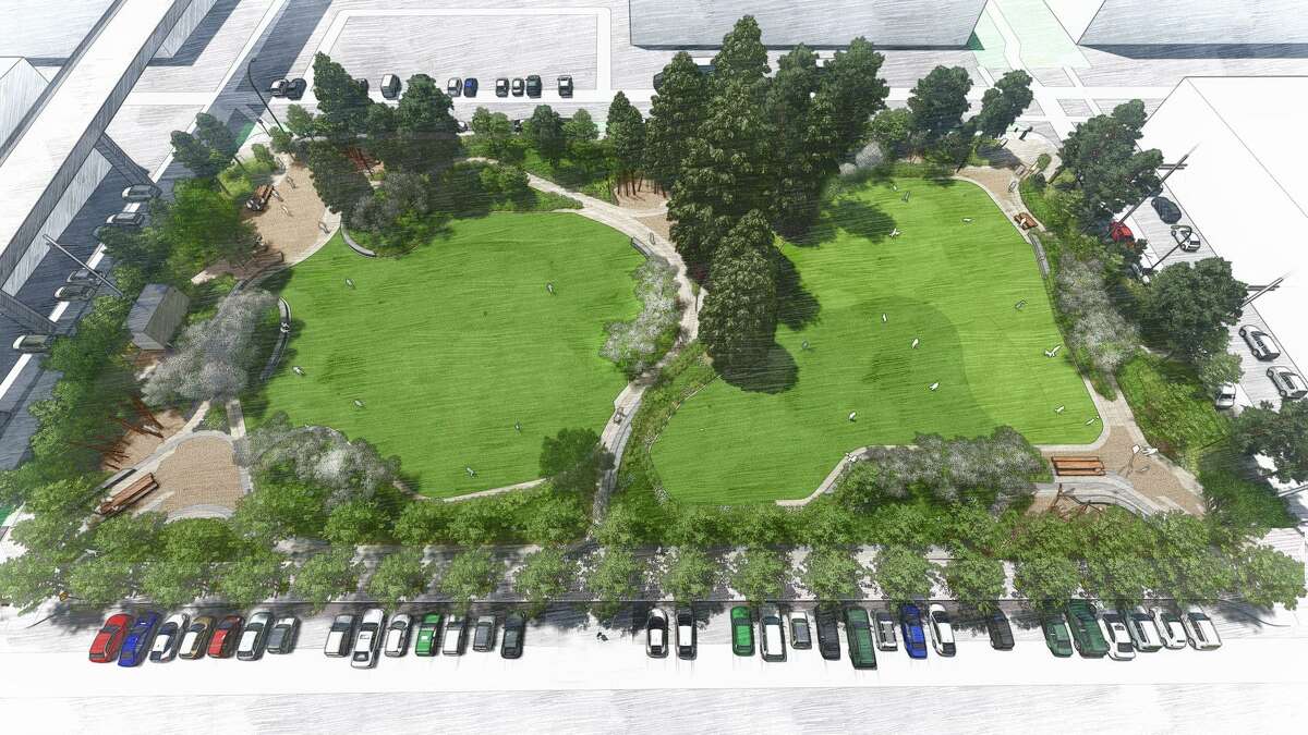 A rendering gives a bird’s-eye view of the planned renovation for Esprit Park. The crowded Dogpatch neighborhood’s only park will be divvied up with half for dogs and half without dogs.