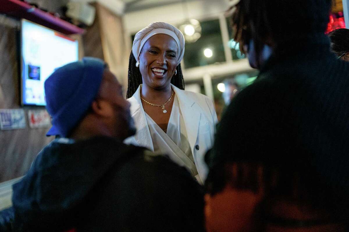 Honey Mahogany chats with supporters at her campaign party at the Trademark Sports Bar in San Francisco, Calif. on Tuesday, November 8, 2022.