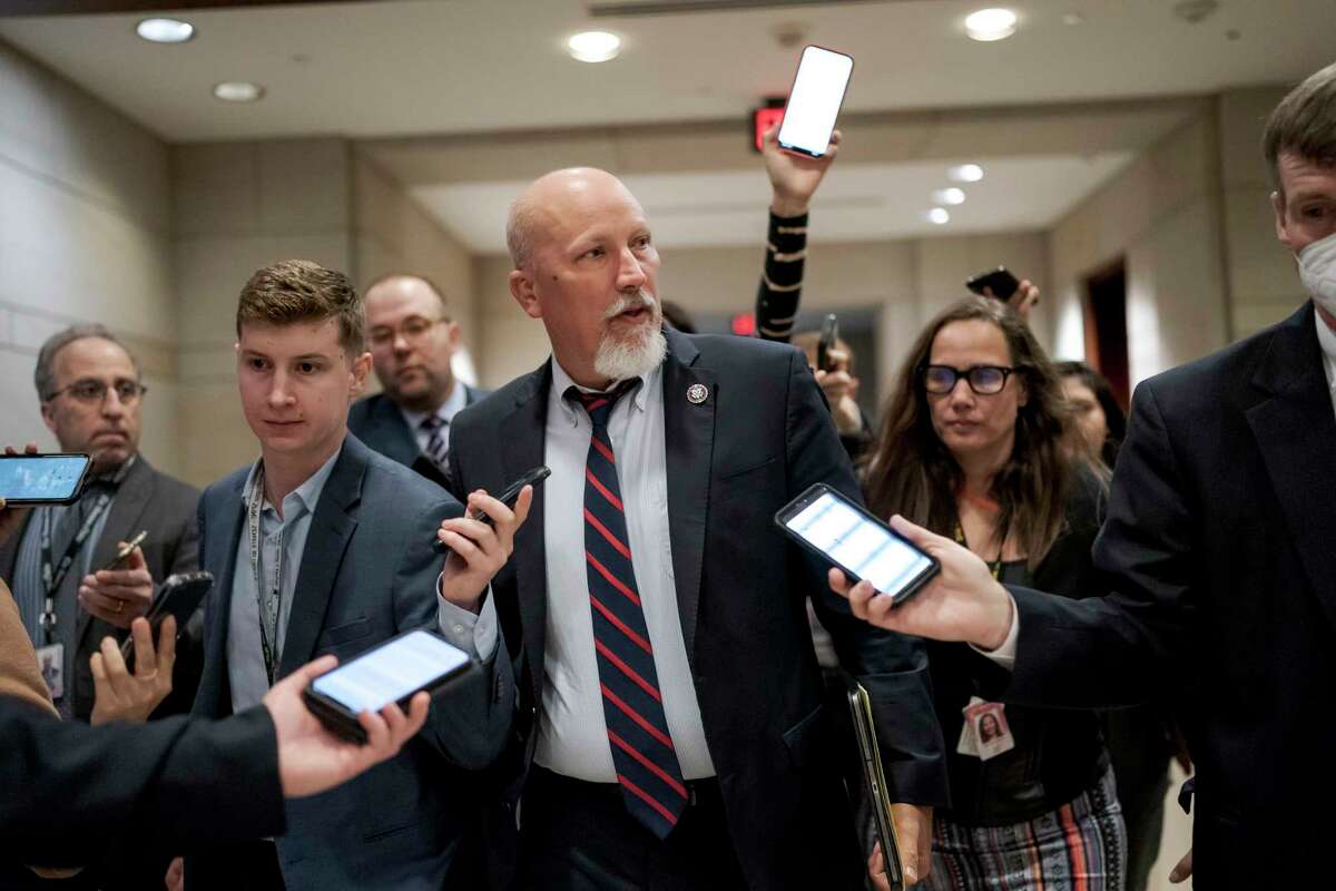 Rep. Chip Roy, R-Texas, a member of the conservative House Freedom Caucus, is surrounded by reporters as he arrives for a closed-door Republican leadership candidate forum, at the Capitol in Washington, Monday, Nov. 14, 2022. The pro-Trump Freedom Caucus opposed McCarthy's bid to become speaker of the House.