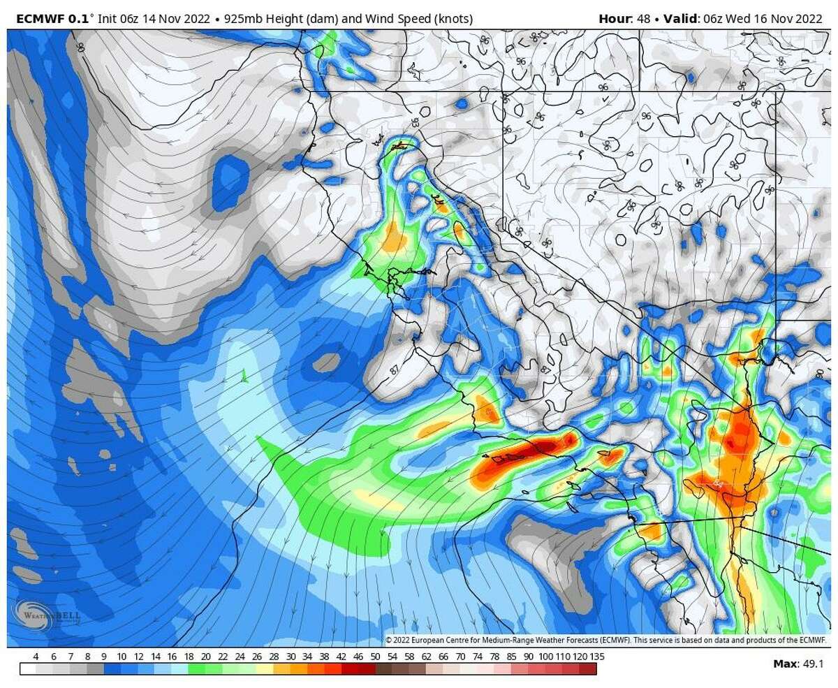The European weather model’s rendering of weak northeast winds in the North Bay and moderate Santa Ana winds in Southern California around Tuesday night. Some of the strongest gusts jump out to over 50 mph right along the Santa Monica mountains and level off quickly as you head up the coast toward Monterey County.