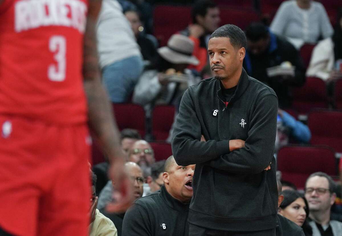 Houston Rockets head coach Stephen Silas isn’t happy with a call in the first half of game action against LA Clippers at the Toyota Center on Monday, Nov. 14, 2022 in Houston.