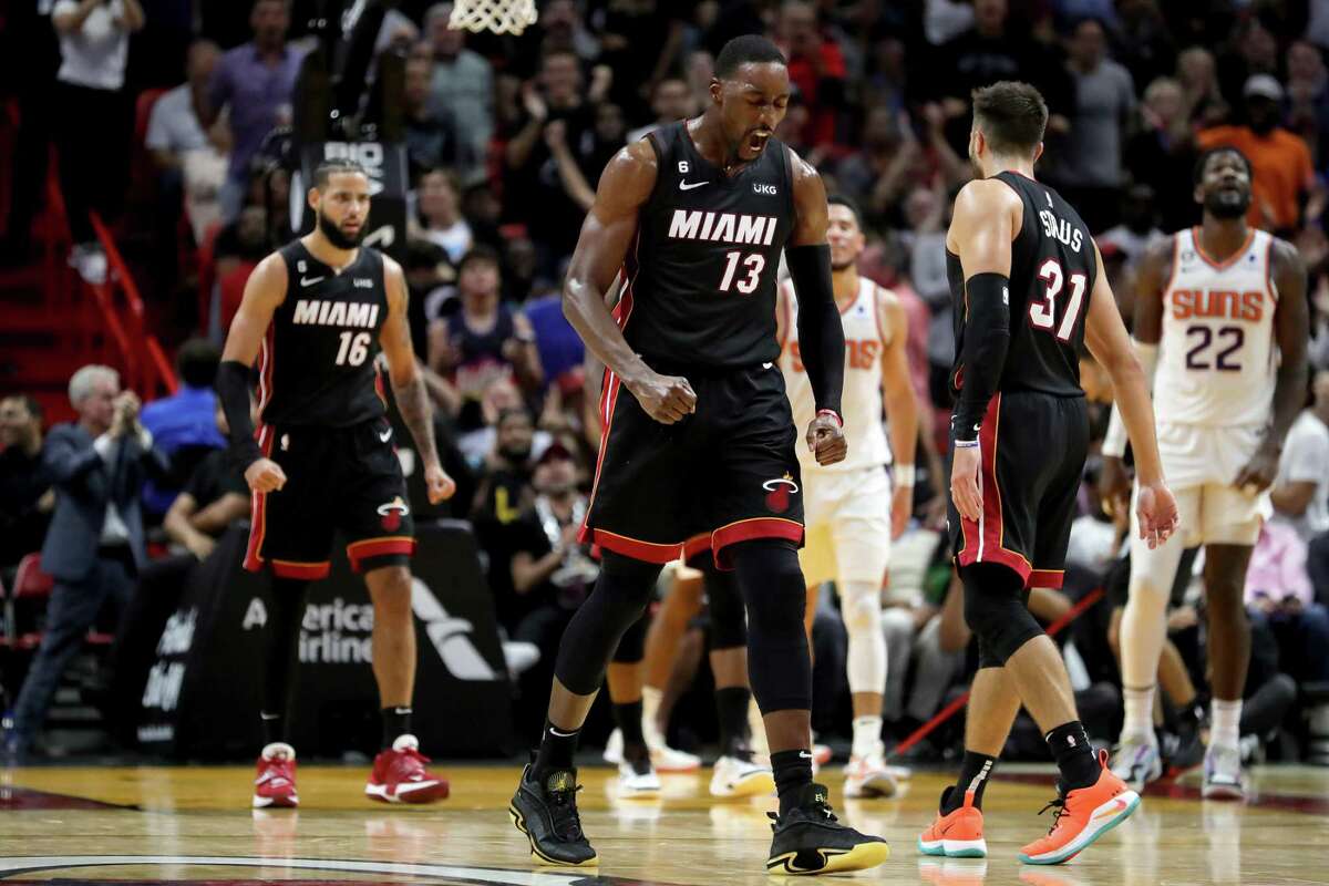 Miami forward Bam Adebayo exults after being fouled in the fourth quarter against Phoenix.