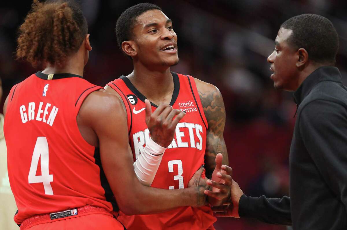 Houston Rockets guard Jalen Green (4) holds back Houston Rockets guard Kevin Porter Jr. (3) after he was called for a technical foul in the second half of game action against LA Clippers at the Toyota Center on Monday, Nov. 14, 2022 in Houston. LA Clippers won the game 122-106.
