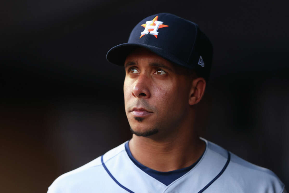 Michael Brantley #23 of the Houston Astros looks on against the New York Yankees at Yankee Stadium on June 24, 2022 in New York City.