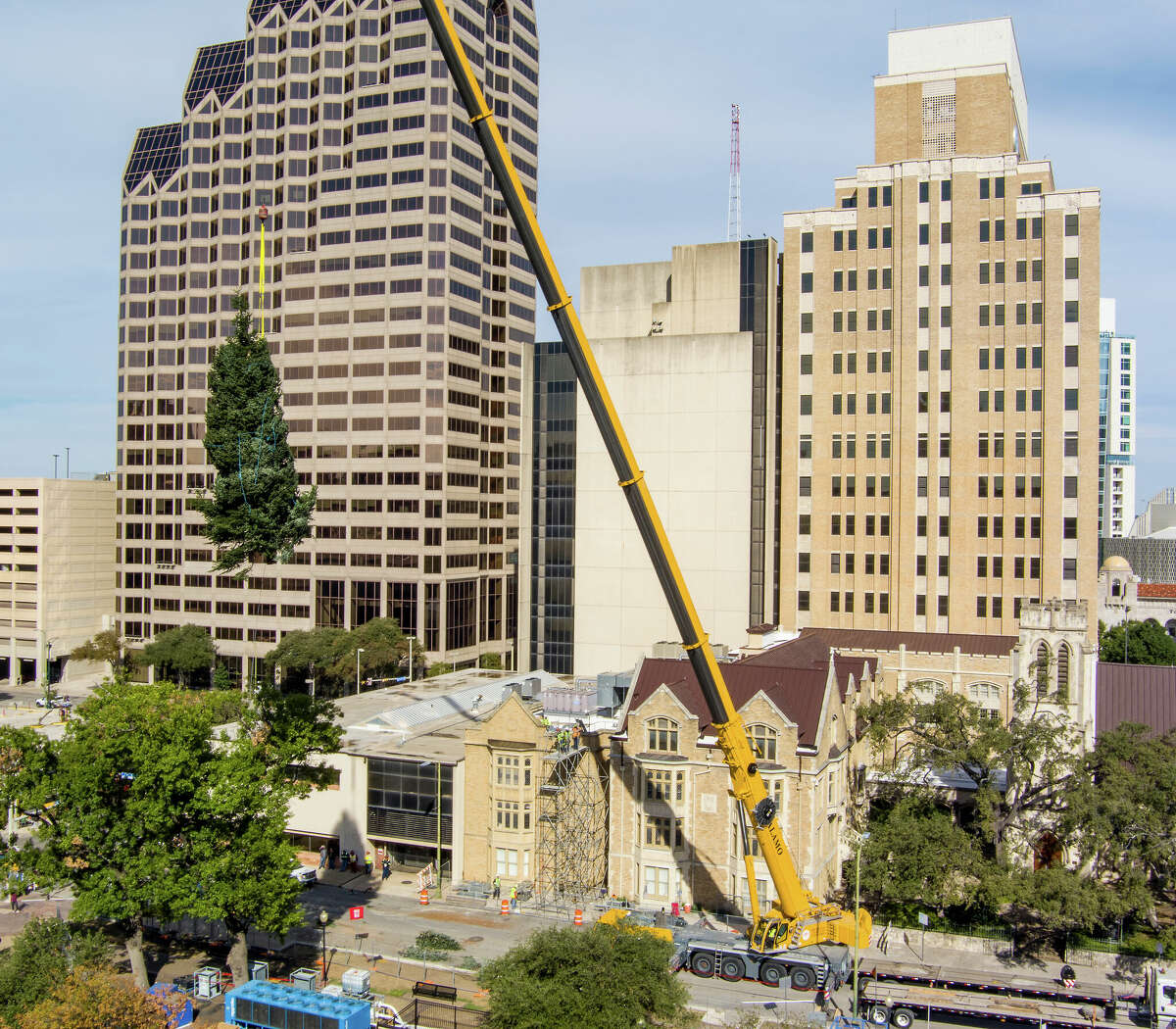A crane lifts the HEB Christmas tree Tuesday, Nov. 15, 2022 into its position in Travis Park.