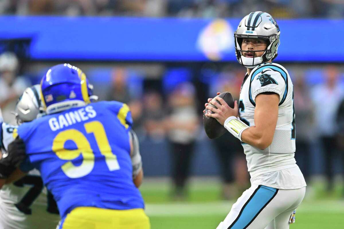 Carolina Panthers quarterback Jacob Eason prepares to throw during the second half of an NFL football game against the Los Angeles Rams Sunday, Oct. 16, 2022, in Inglewood, Calif. (AP Photo/Jayne Kamin-Oncea)