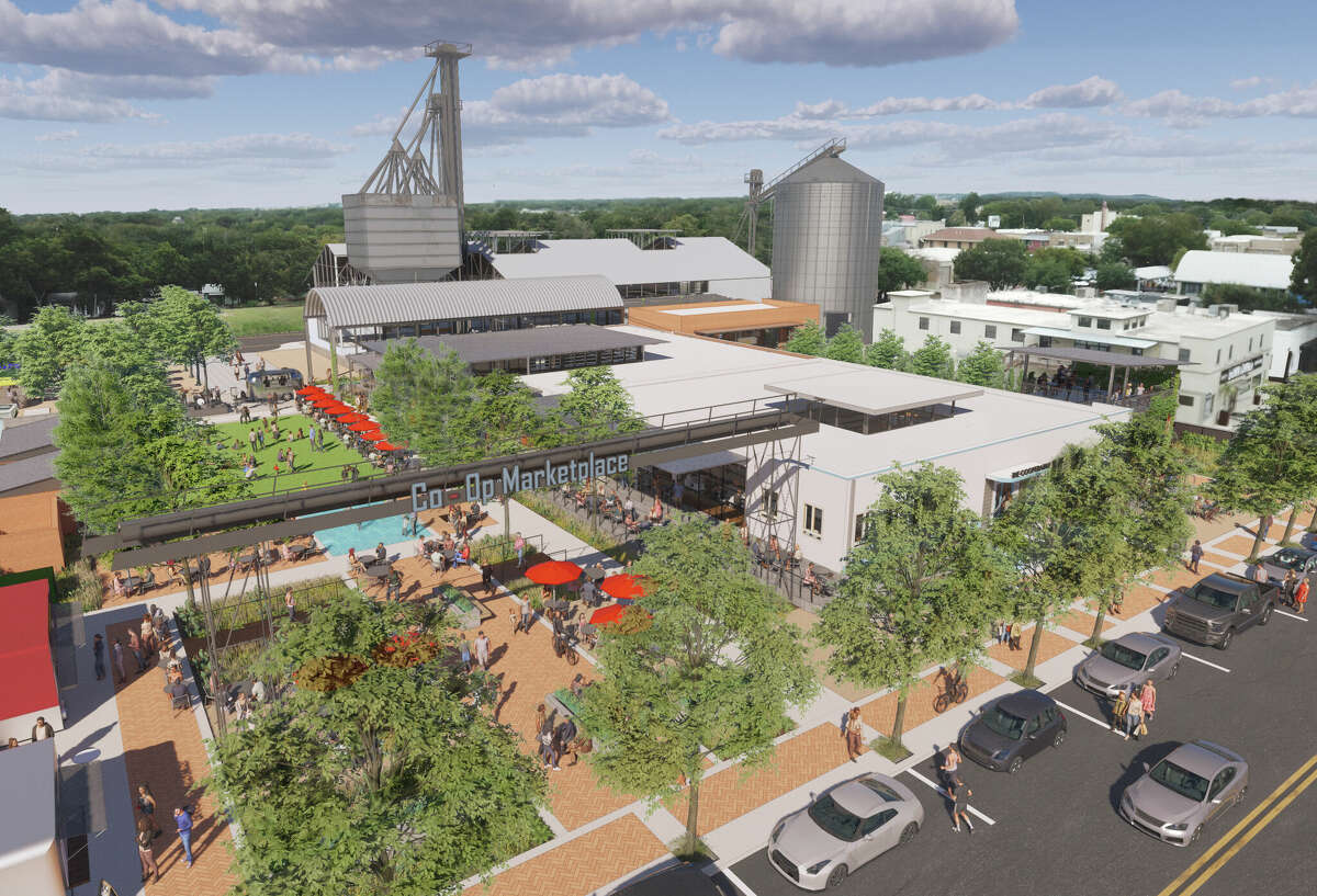 Co-Op Marketplace is a restaurant and retail development coming to downtown New Braunfels in 2024, featuring more than 25,000 square feet of indoor space and a 4,000-square-foot outdoor space that includes an entertainment stage and a splash pad.