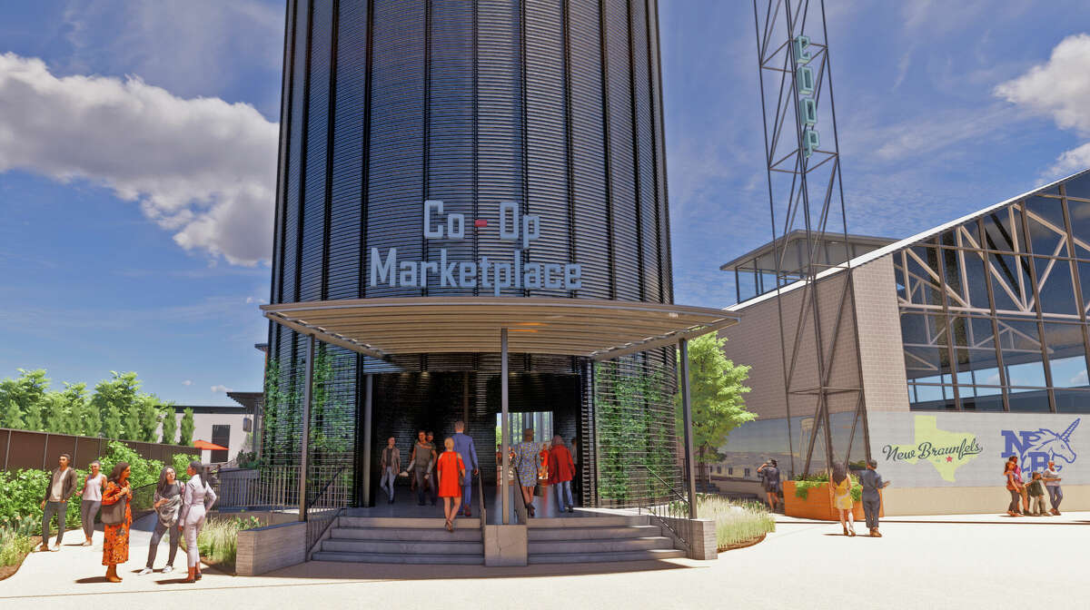 Co-Op Marketplace is a restaurant and retail development coming to downtown New Braunfels in 2024, featuring more than 25,000 square feet of indoor space and a 4,000-square-foot outdoor space that includes an entertainment stage and a splash pad.