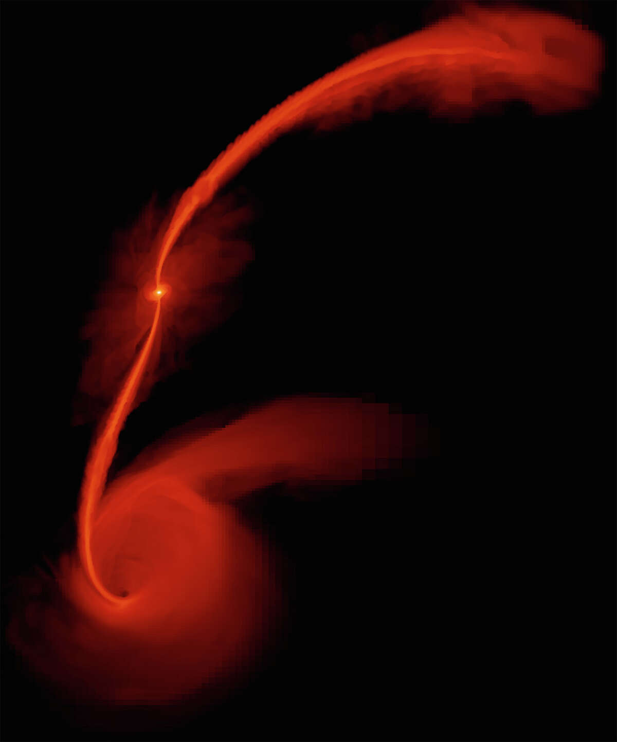 An image of a failed star stumbling into the path of a black hole. 