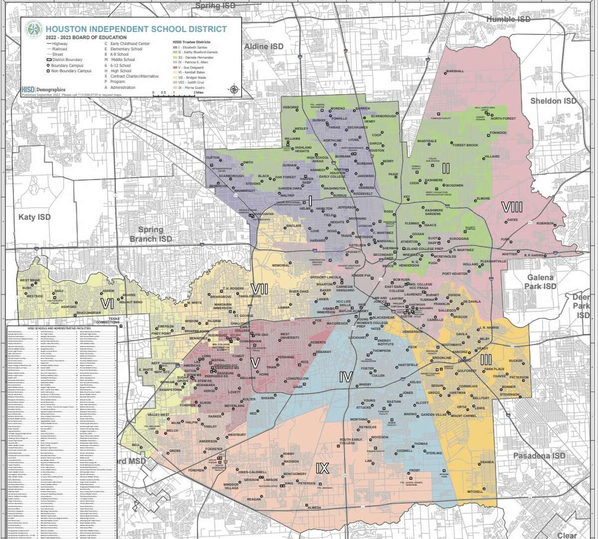 The HISD district map as of 2022, before it has been restructured.