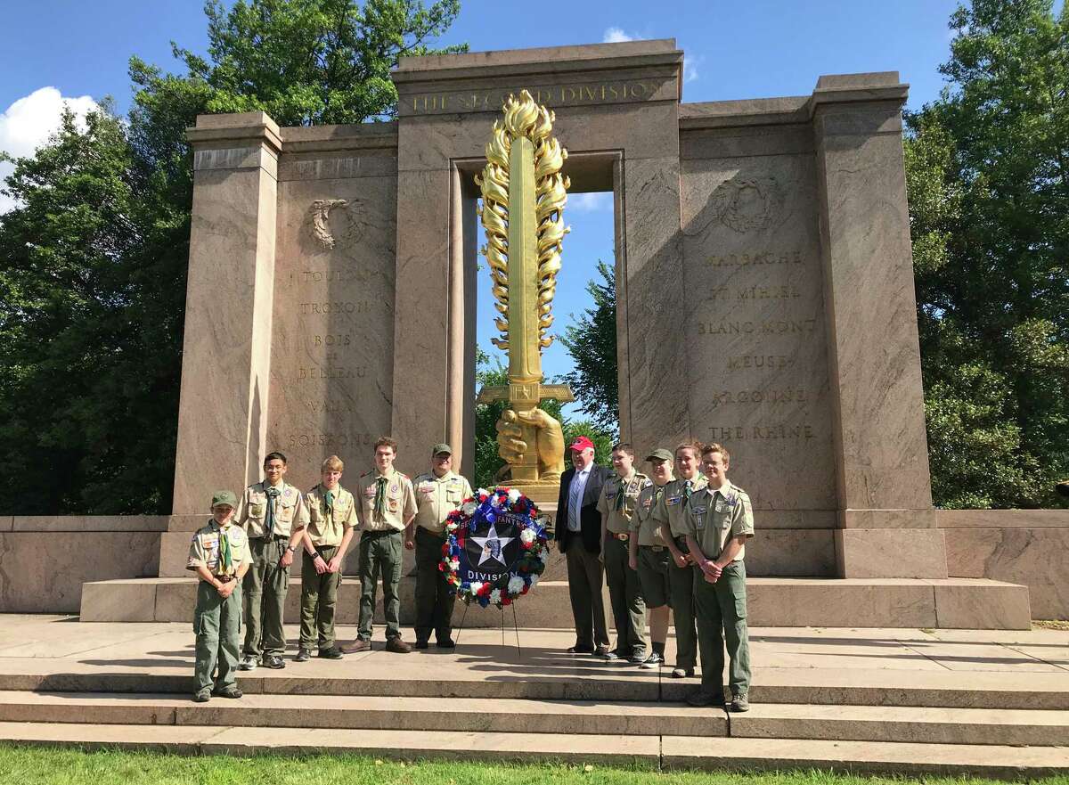 Boy Scouts from Arlington, Va., pay tribute to the Second Division Memorial on the Mall in 2019.